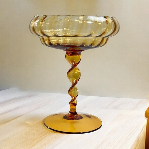 Vintage Amber Trinket Art Glass Footed Dish - Twisted Stem 8.2' Tall - Picture 1 of 11